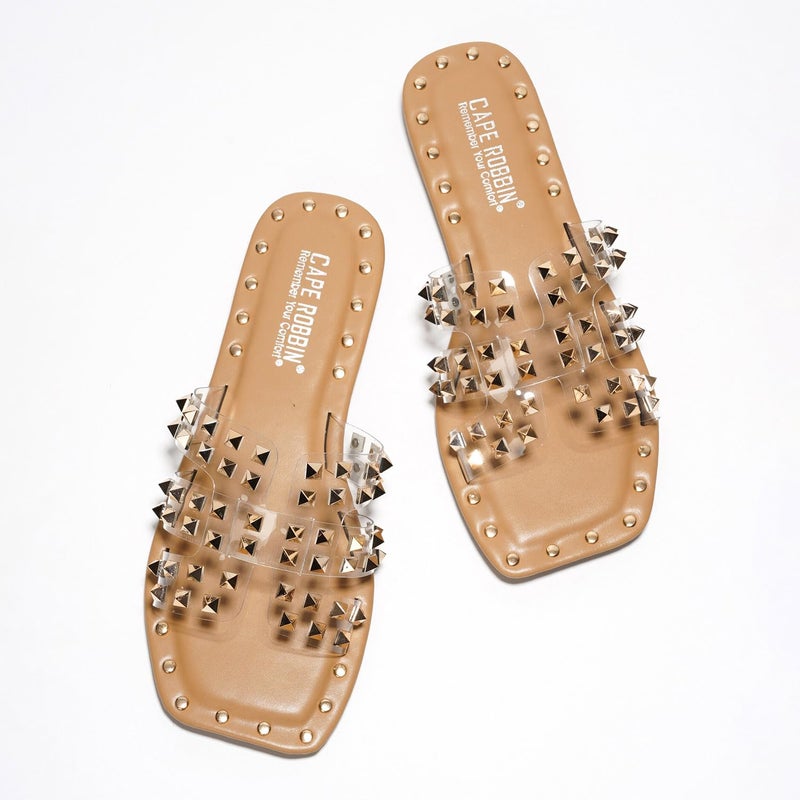 Cape Robbin Women's Gold Spike Studded Slide Sandals - Open Toe Slip On Lightweight Comfort for Beach Pool (Amisha) - Clear Size 7 - Image 5
